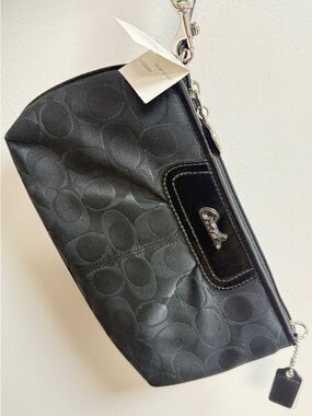 Coach Black Signature Logo Wristlet with Silver Hardware